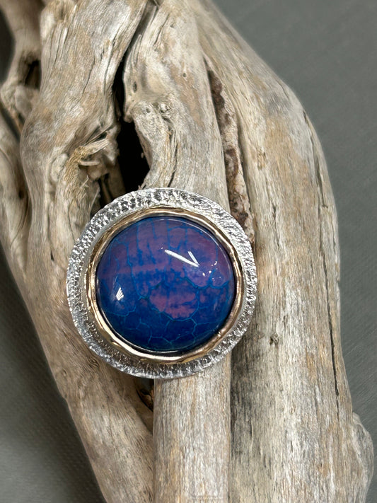 Blue gold and silver ring