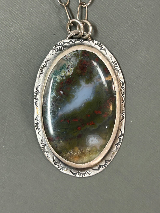 Moss Agate- red flowers field necklace