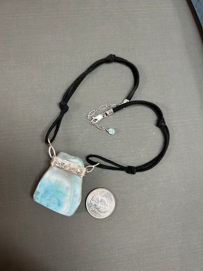 Larimar necklace-on black leather