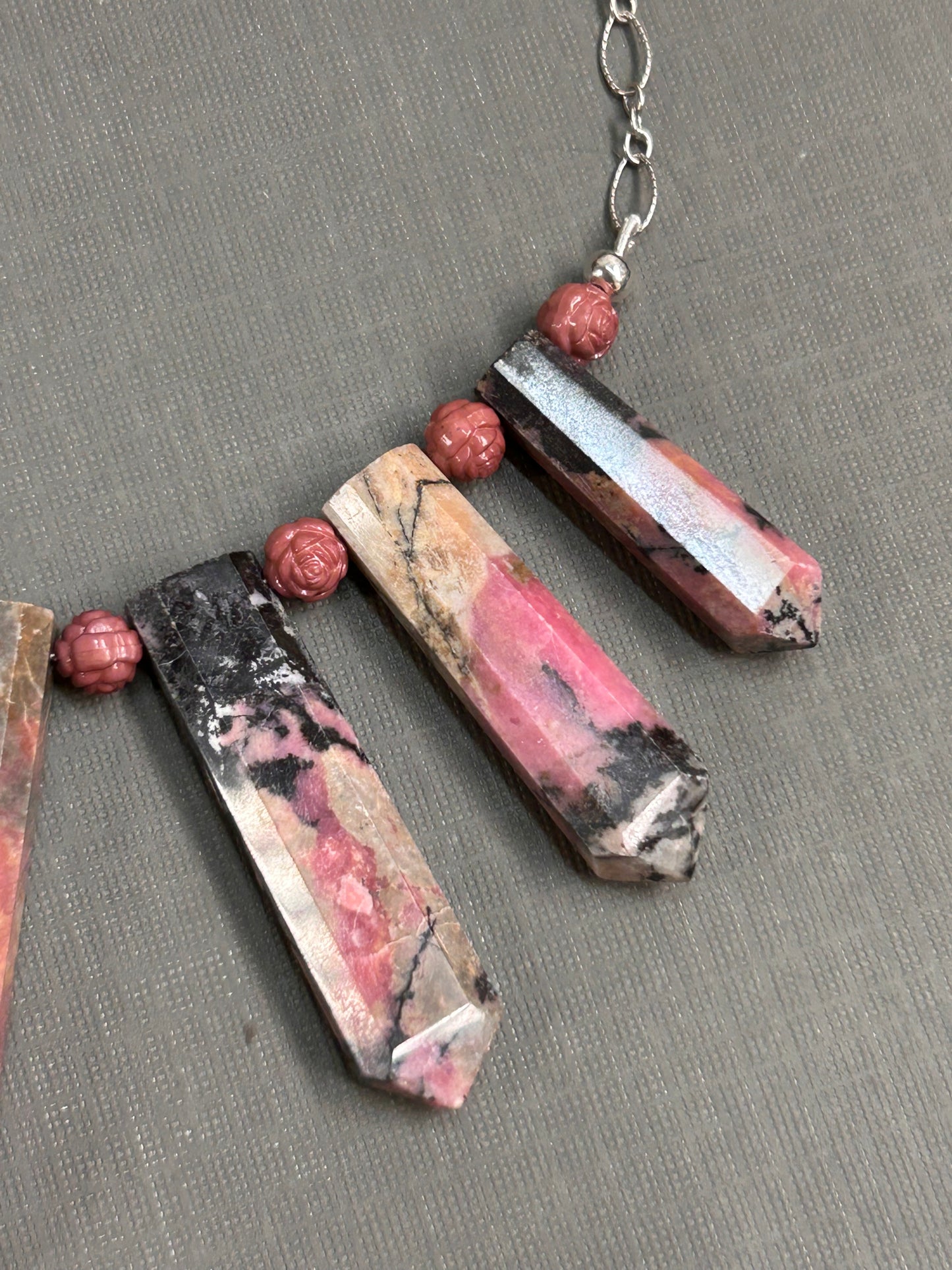 Rhodonite spears necklace in pinks and black