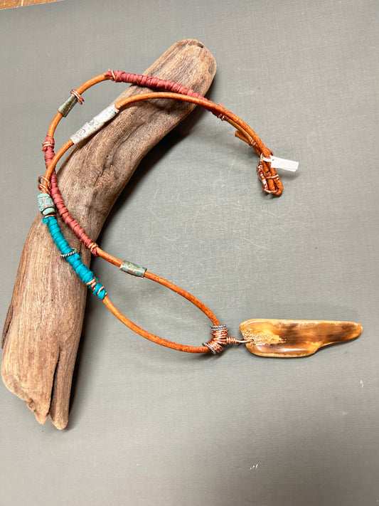 Leather necklace unisex walrus tusk