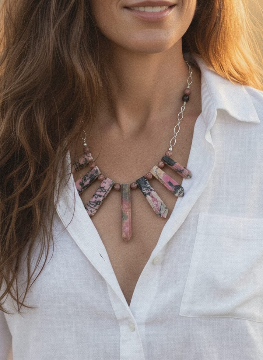 Rhodonite spears necklace in pinks and black