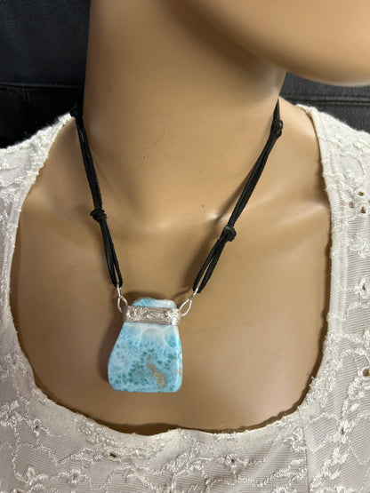 Larimar necklace-on black leather