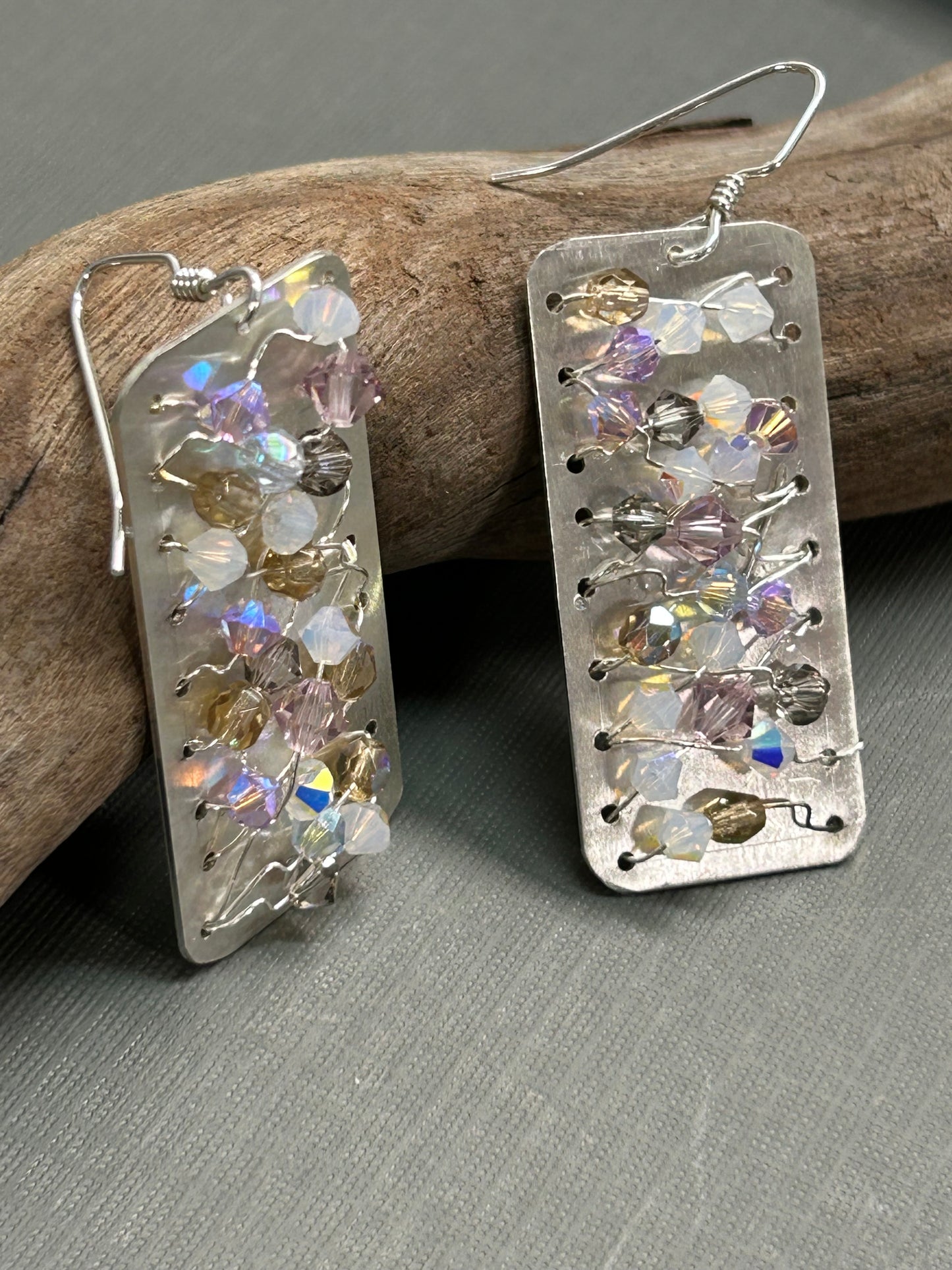 Crystals on silver mesh earrings
