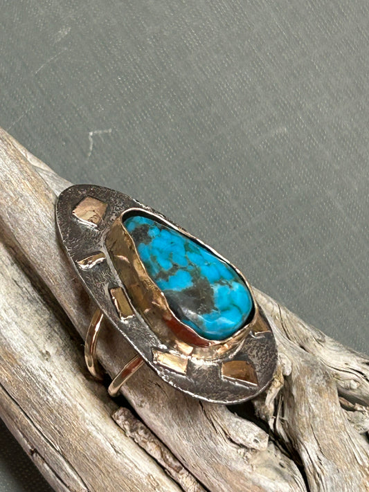 Turquoise ring Bi Metal sterling and gold