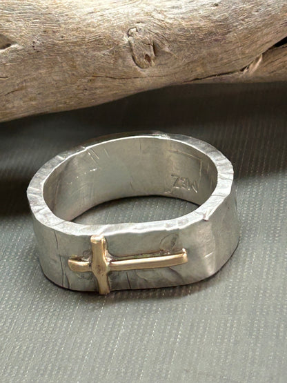Cross ring- bi-metal gold and silver