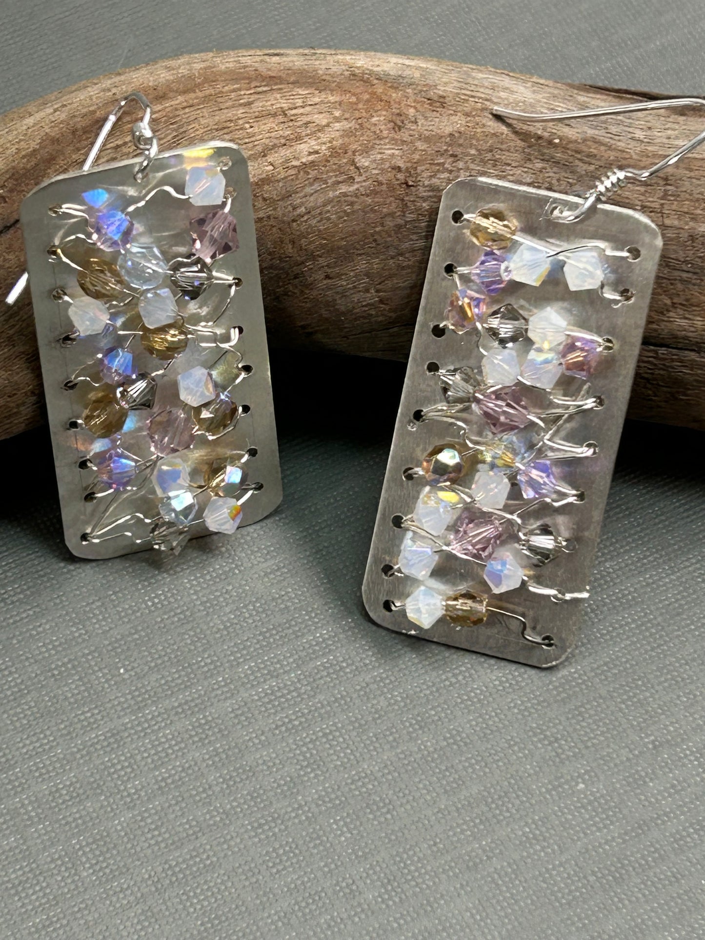 Crystals on silver mesh earrings