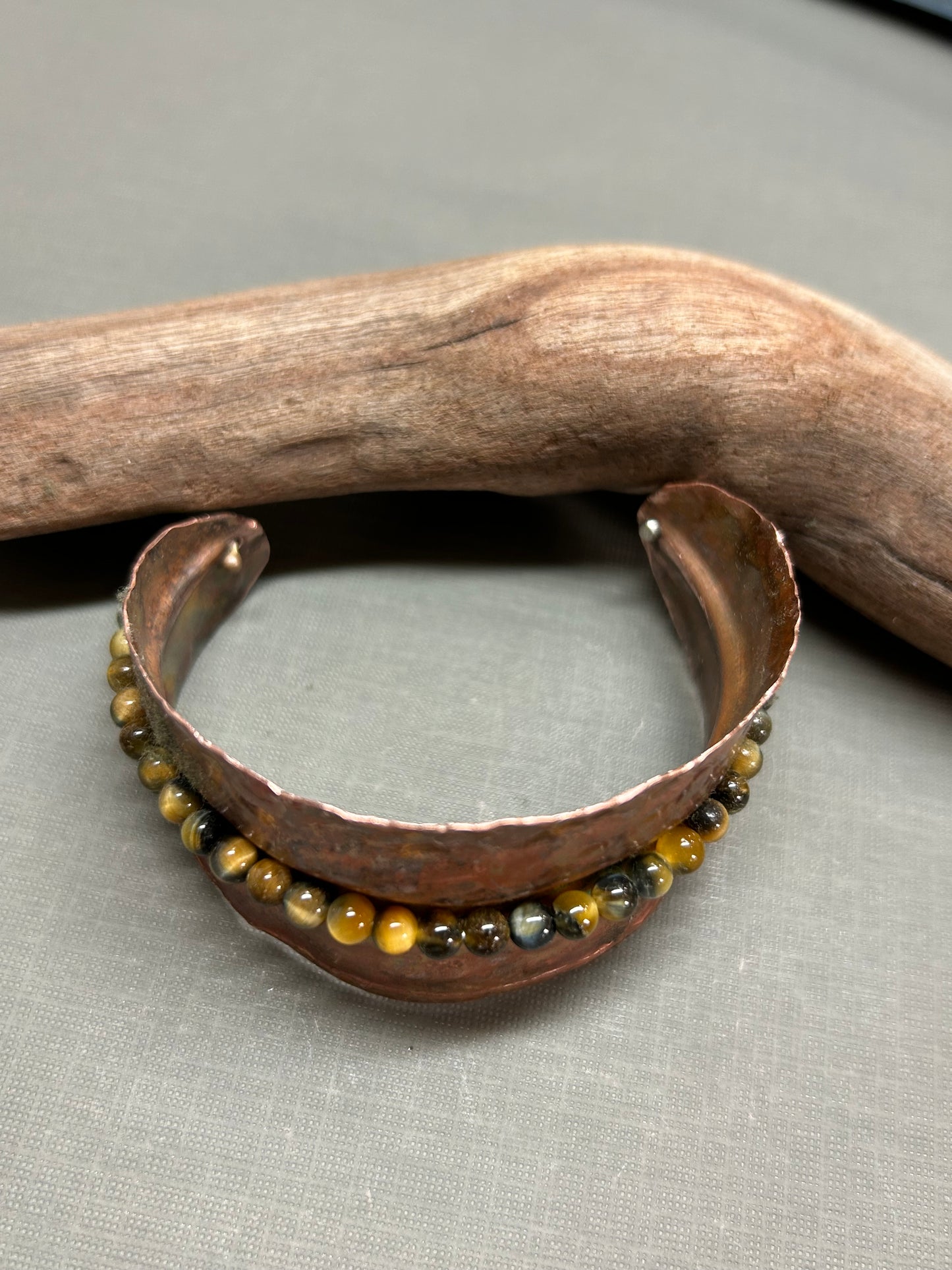 Copper leaf cuff-Tiger eye beads