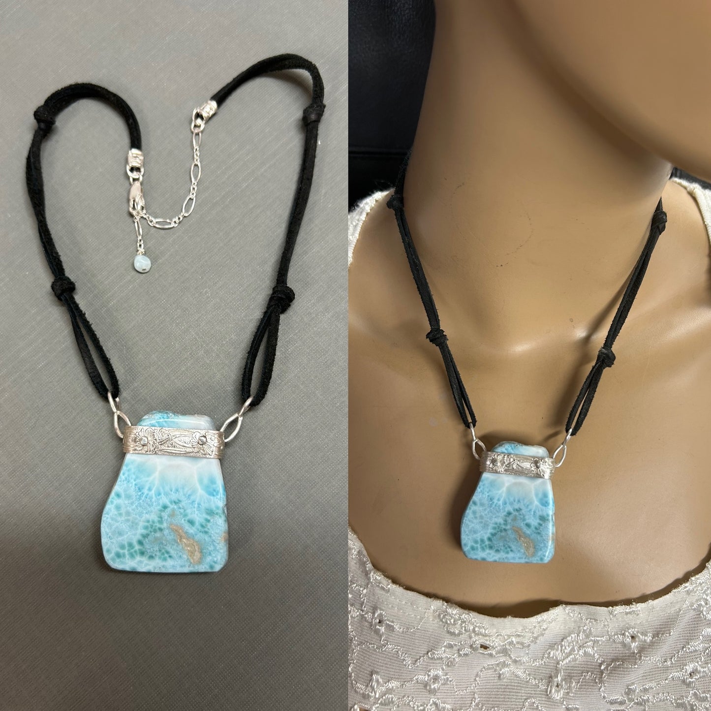 Larimar necklace-on black leather