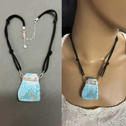 Larimar necklace-on black leather