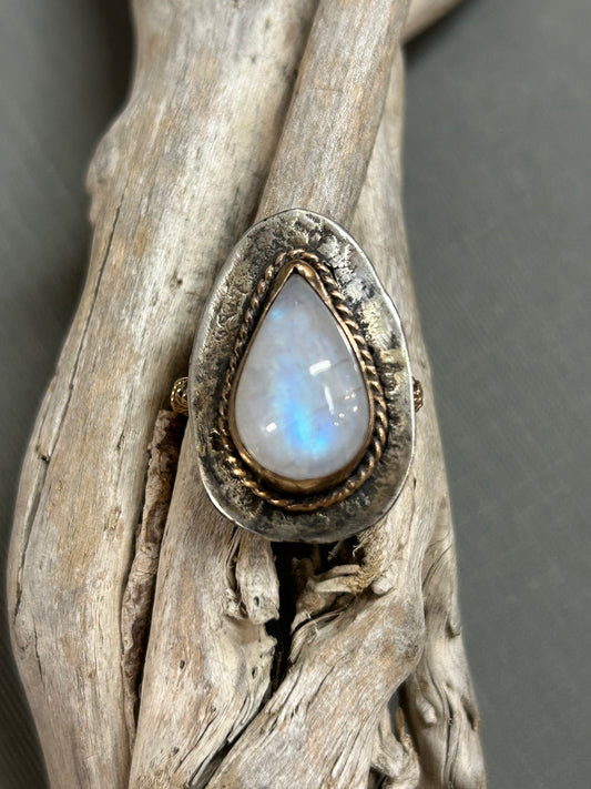 Rainbow Moonstone teardrop ring