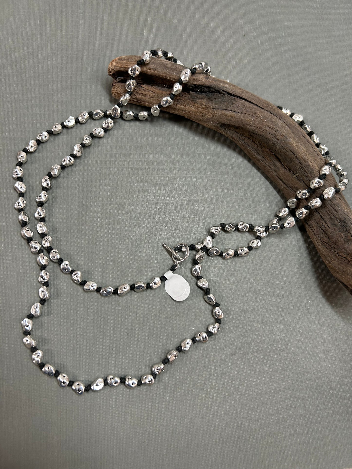 Silver nugget knotted necklace