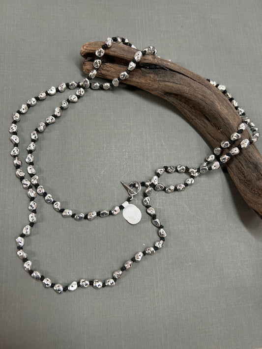 Silver nugget knotted necklace