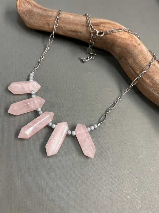 Pink necklace Rose Quartz spears