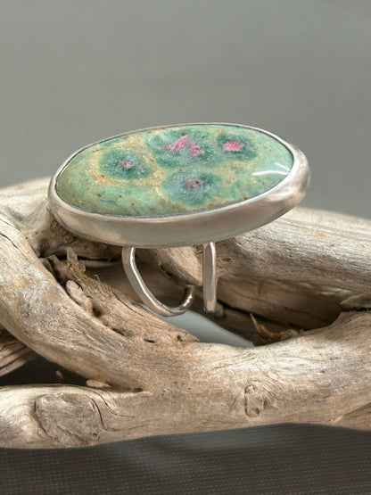 Ruby in zoisite ring- greens and pinks