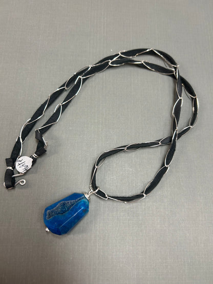 Blue Agate on leather and chain- necklace