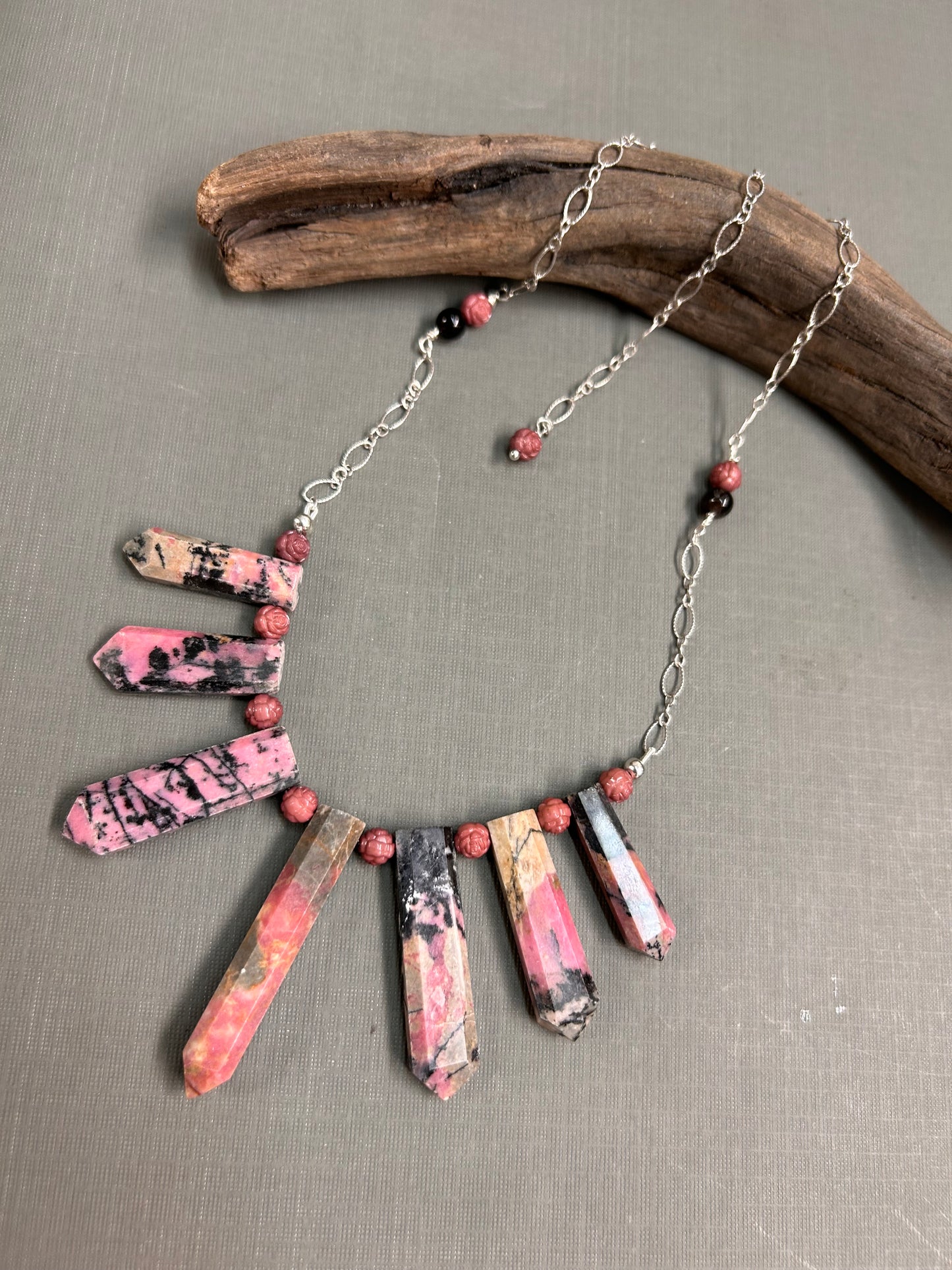 Rhodonite spears necklace in pinks and black