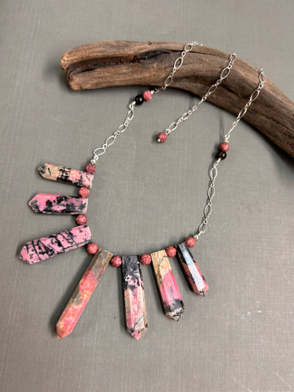 Rhodonite spears necklace in pinks and black