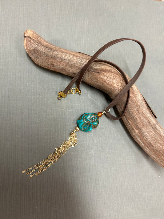 Turquoise and Gold chains necklace on leather