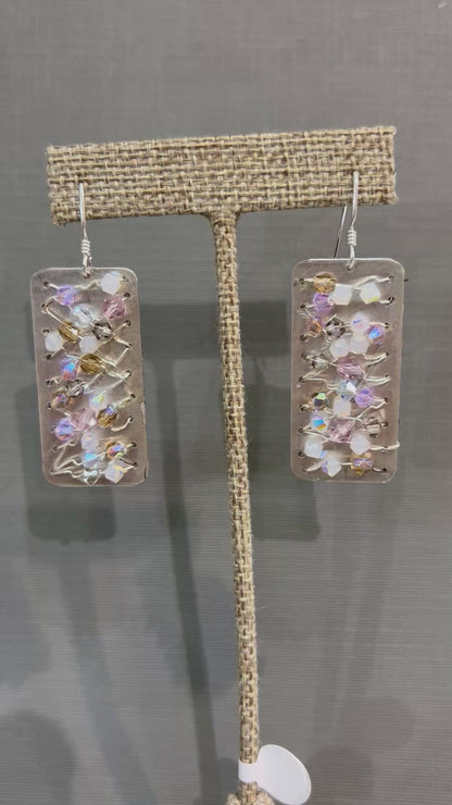 Crystals on silver mesh earrings